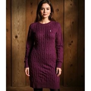 Ralph Lauren Sport Women Cable Knit Sweater Dress Purple Cotton Blend Size‎ M